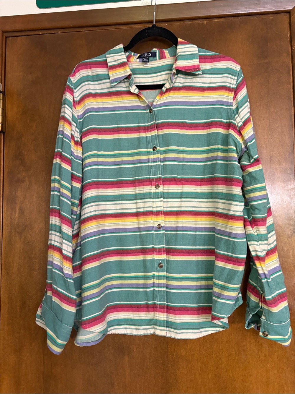 Chaps Women’s Teal Striped Button-Down Shirt with Pink and Yellow Accents XL